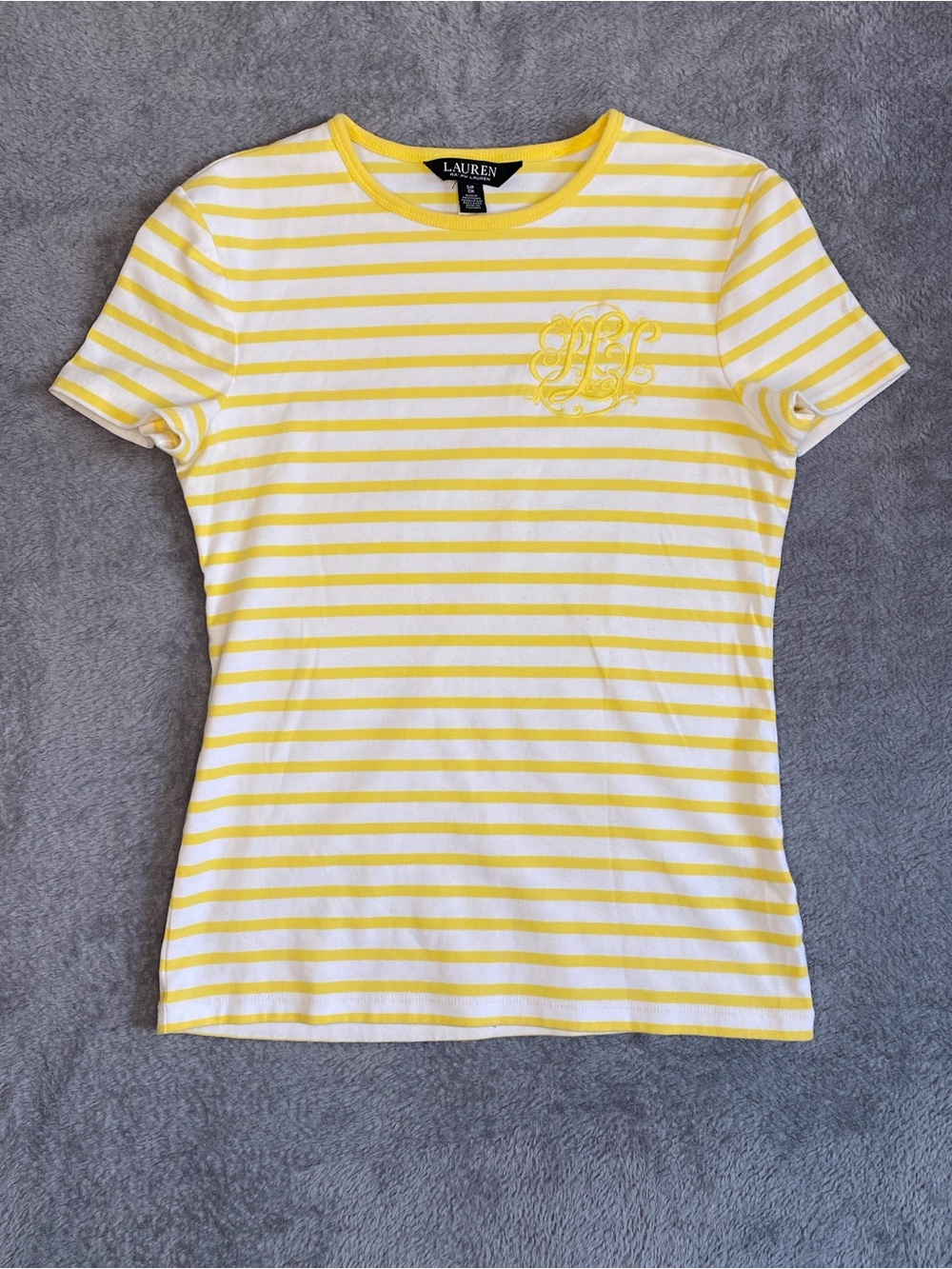 Lauren Ralph Lauren Yellow White Striped Stretch Cotton Crewneck Tee S Y2K Coast